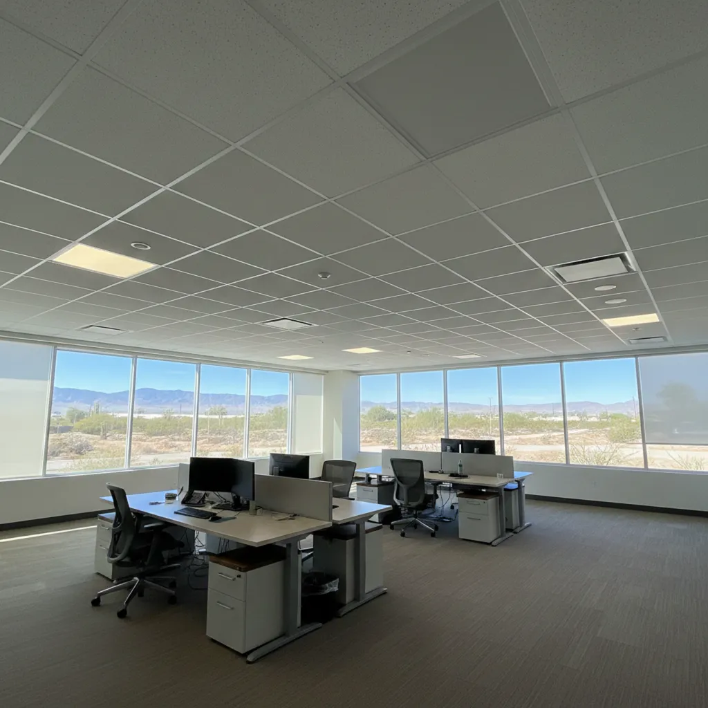 Close-up of acoustic ceiling tiles being installed into suspended T-bar grid system