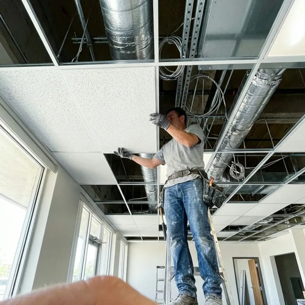 Professional installer placing acoustic ceiling tile into metal grid framework in commercial office