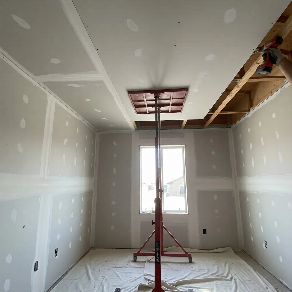 Drywall panel being lifted and secured to ceiling joists with T-jack in Reno home