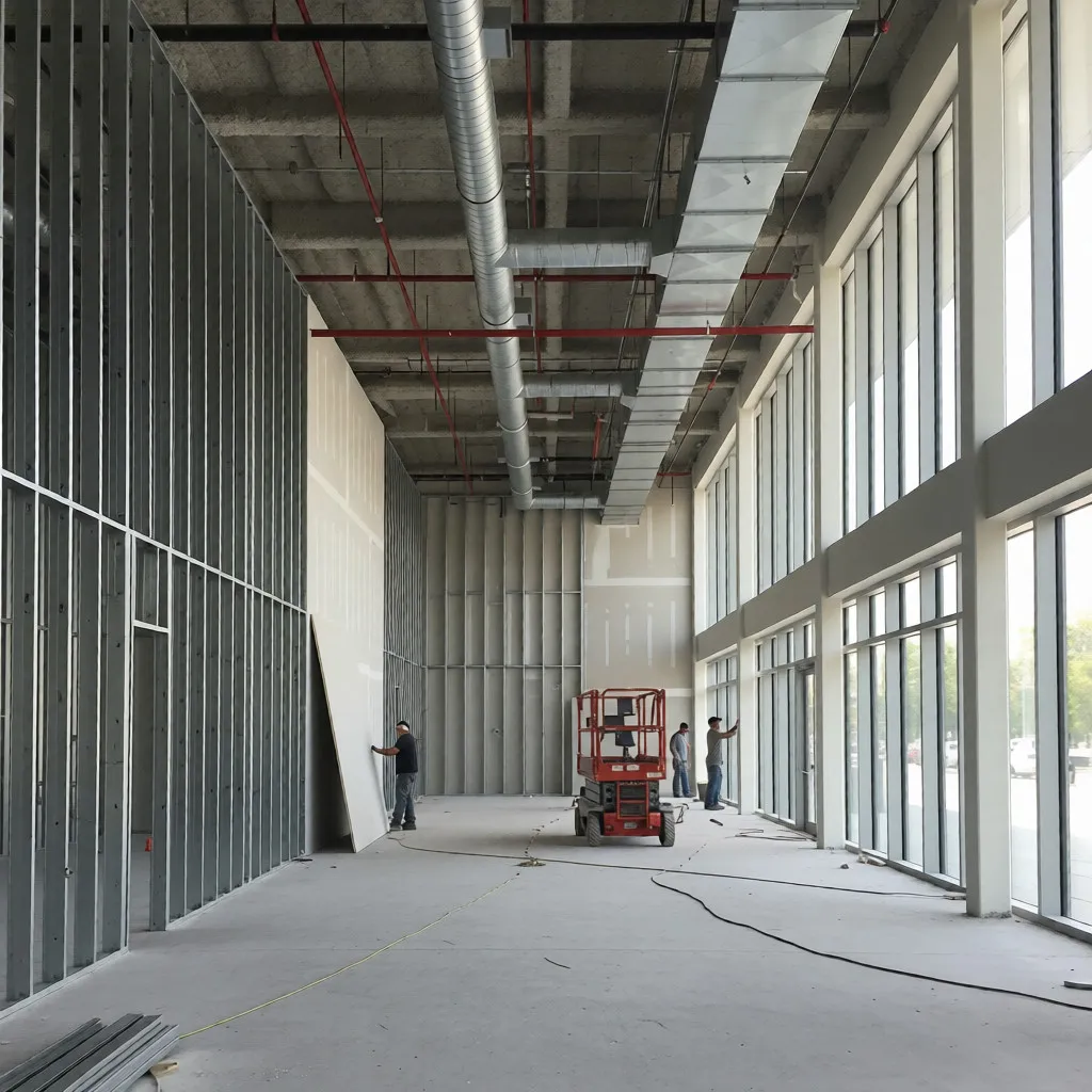 Large commercial drywall project in progress with metal stud walls and high ceilings