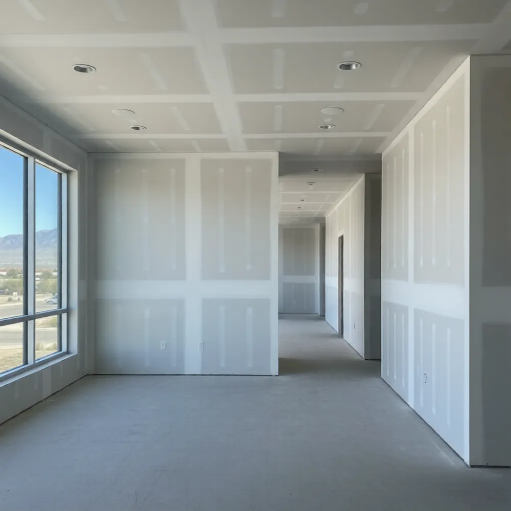 Completed commercial drywall installation in modern office with smooth walls and clean finish