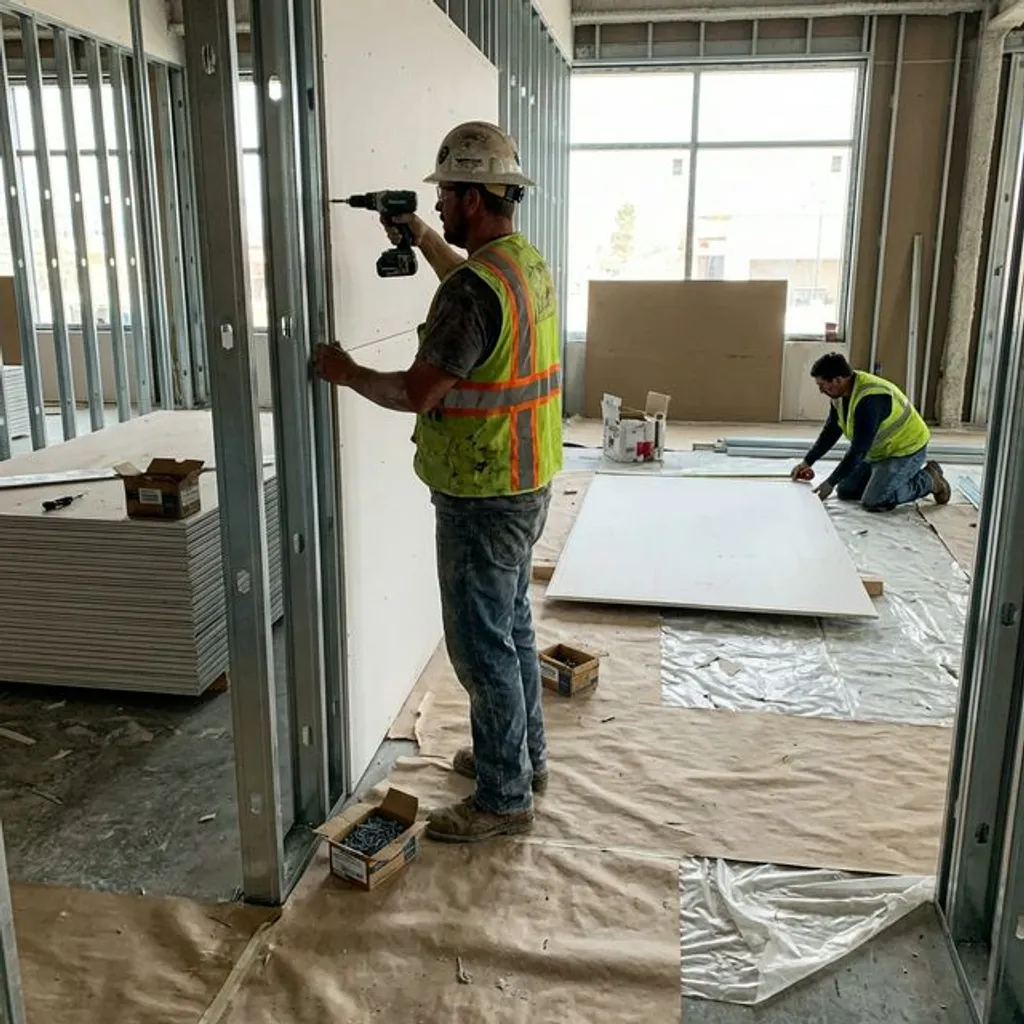 Commercial drywall crew installing panels on metal studs in large office buildout