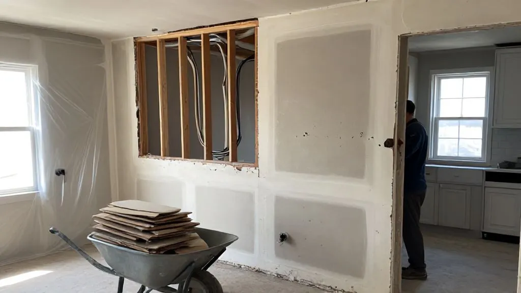 Controlled drywall demolition exposing wall studs and electrical wiring in Reno renovation