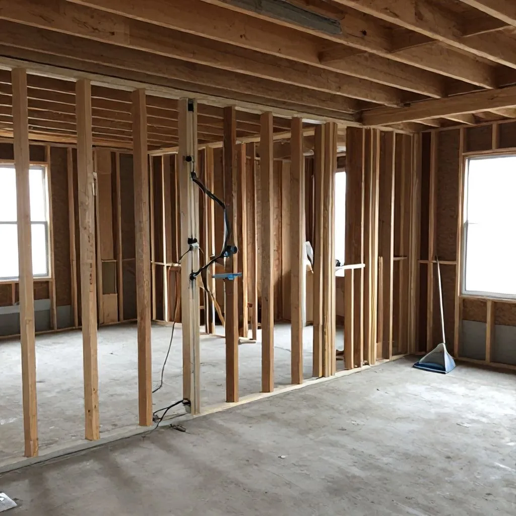 Gutted room after complete drywall removal showing exposed studs and clean framing