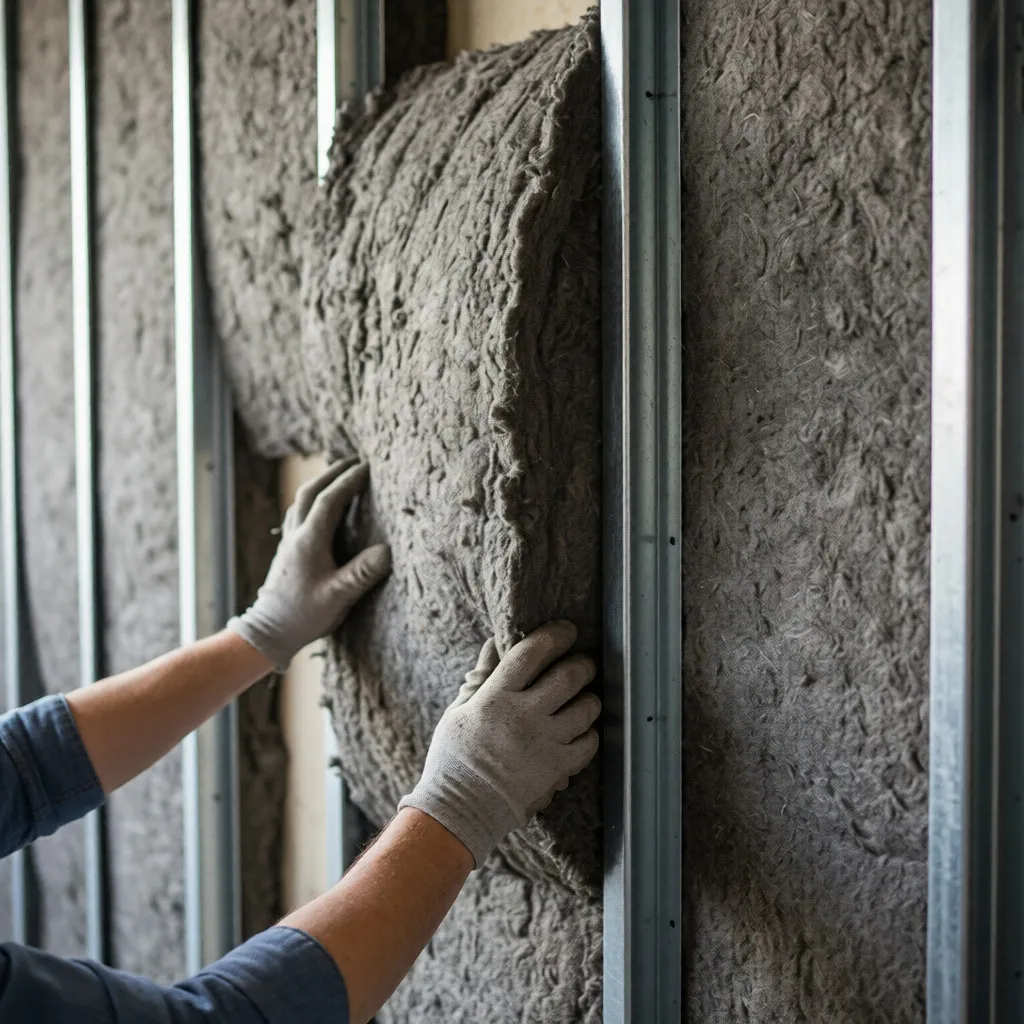 Mineral wool acoustic insulation installed in wall cavity for soundproofing