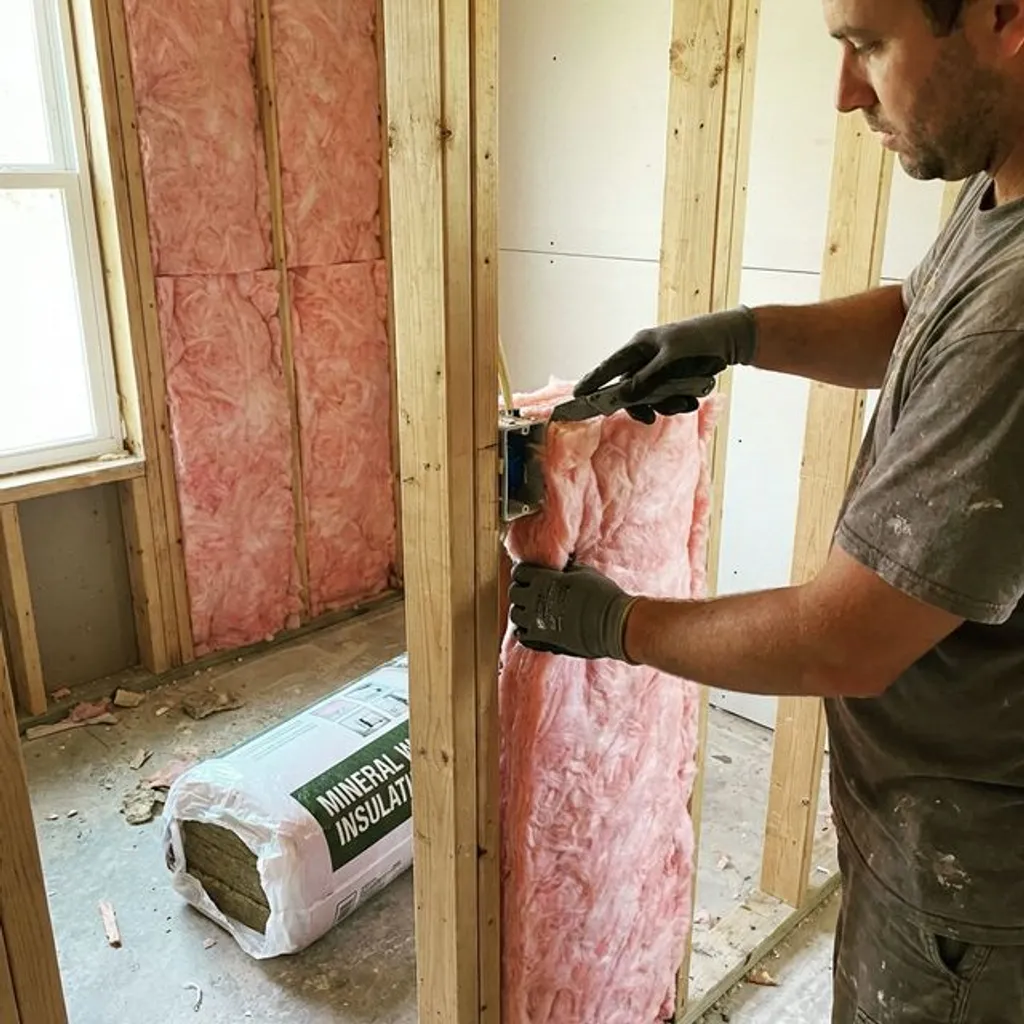 Professional installer fitting mineral wool insulation batts between wall studs for soundproofing
