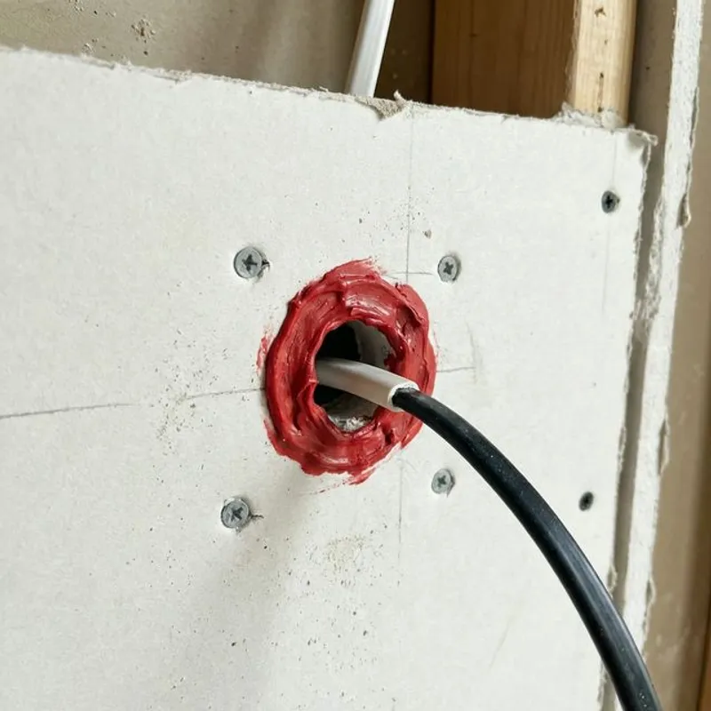 Fire caulk sealing detailing at electrical penetration in fire-rated wall