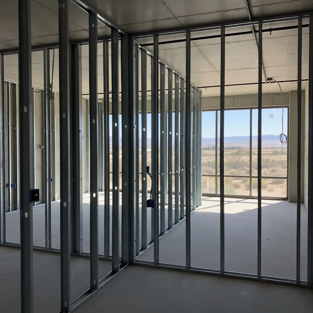 Metal stud wall framing installation in commercial space with vertical steel studs