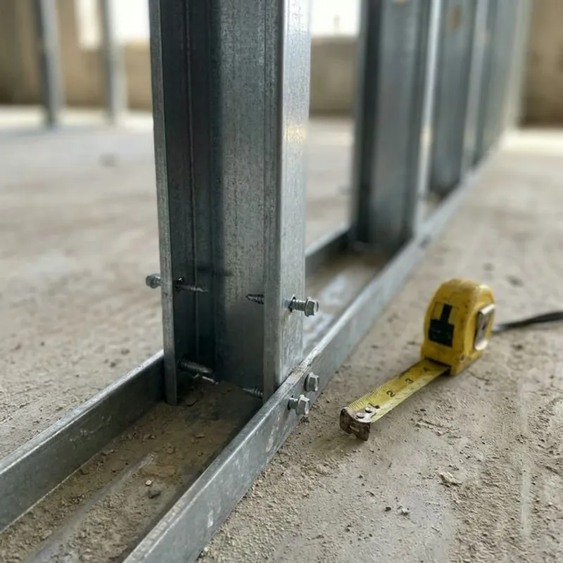Close-up of metal stud framing connection detail showing vertical steel stud secured to horizontal track