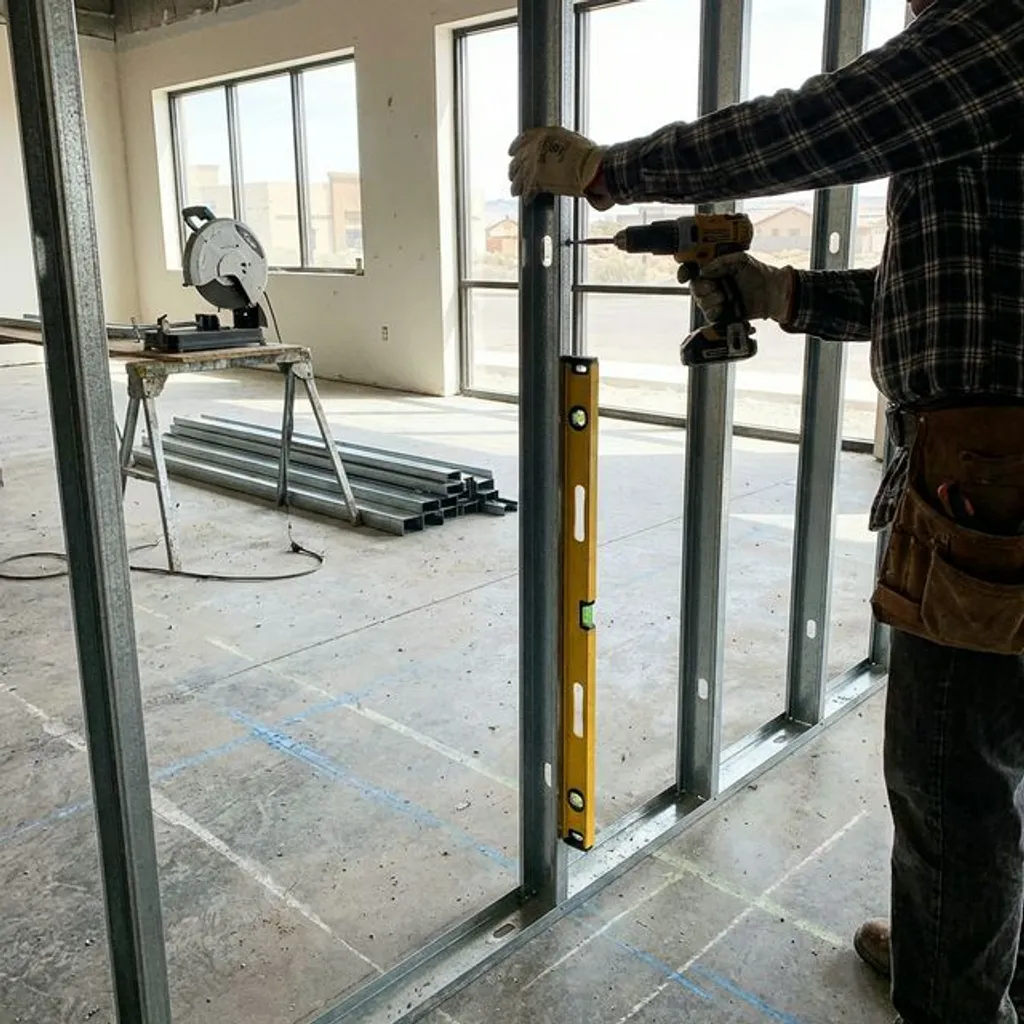 Professional framer installing vertical metal studs and checking plumb in commercial space