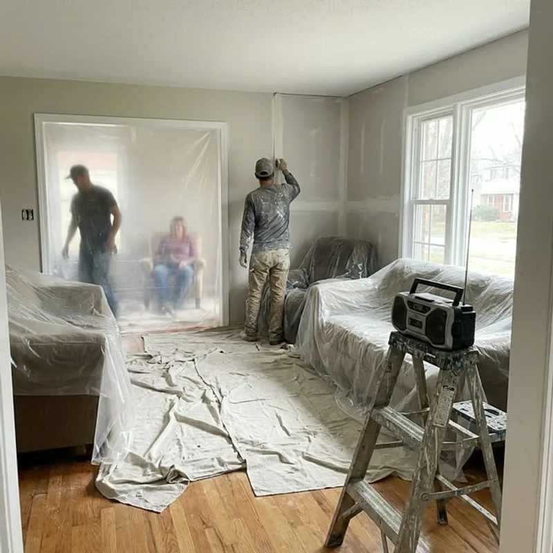 Drywall crew working in residential home with furniture covered and dust containment in place