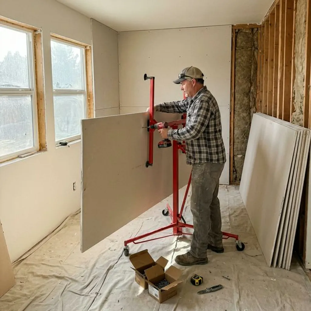 Drywall installer using lift to hang panel on residential wall with screw gun