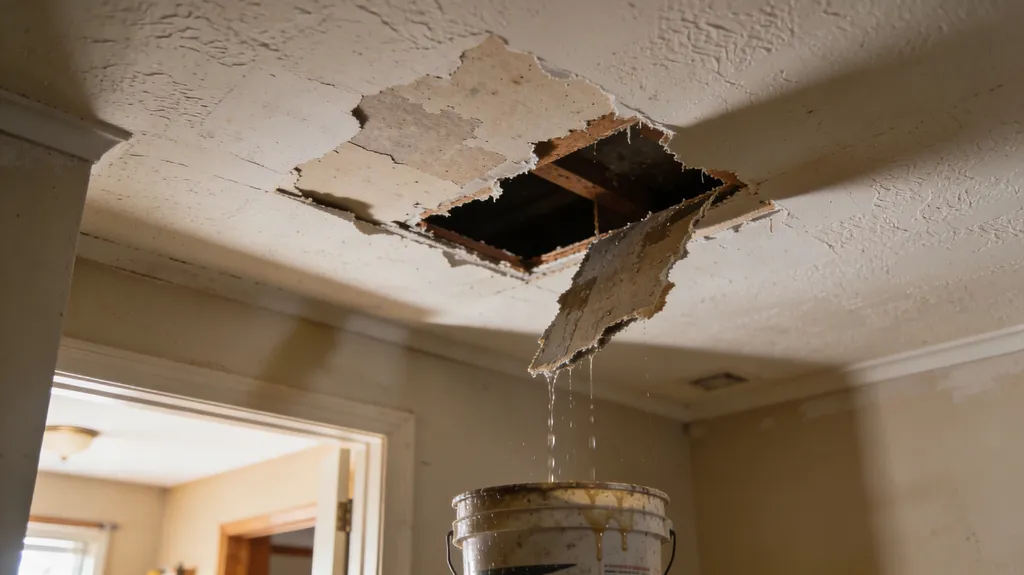 Water-stained ceiling drywall with visible moisture damage from plumbing leak