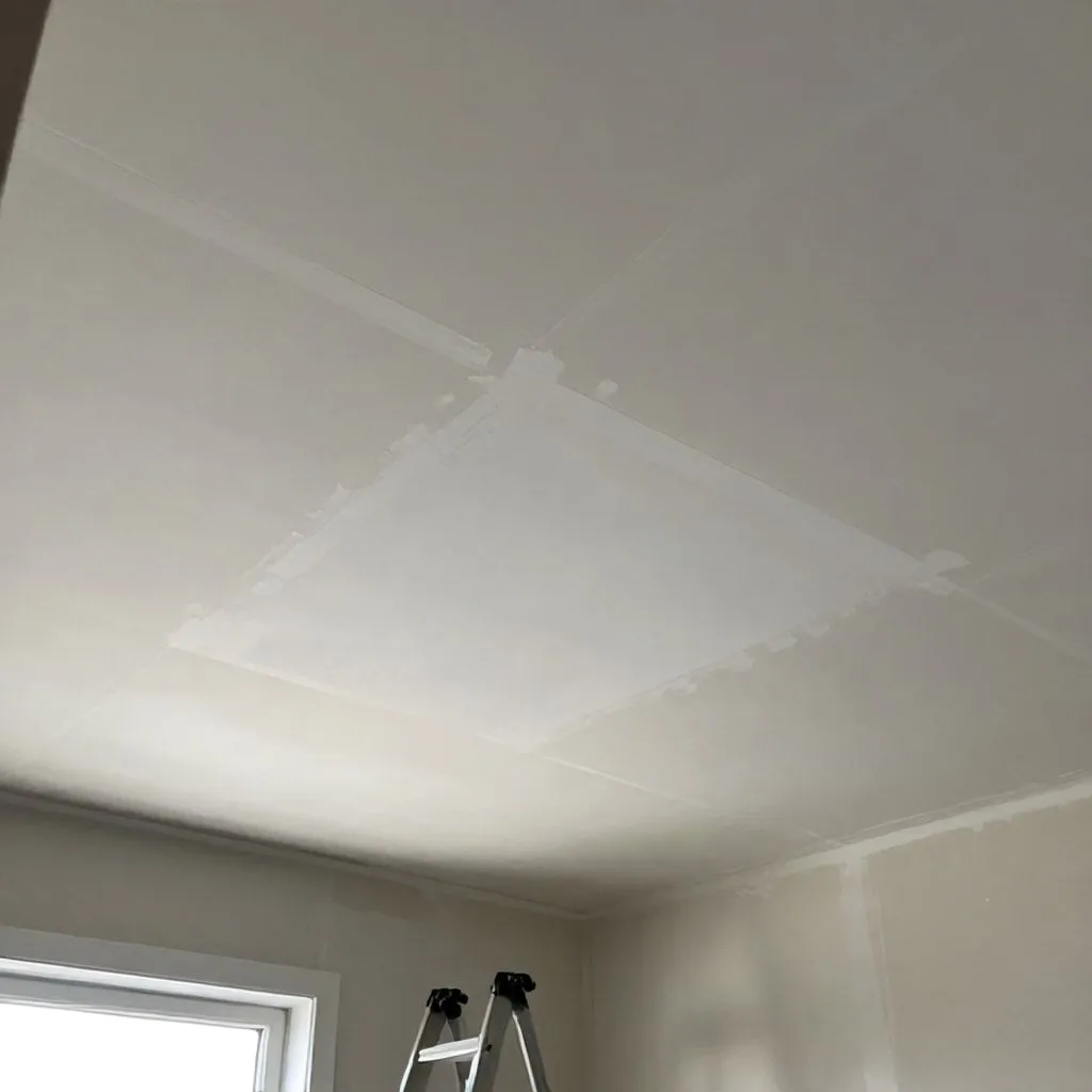Freshly repaired ceiling drywall after water damage restoration with smooth finish